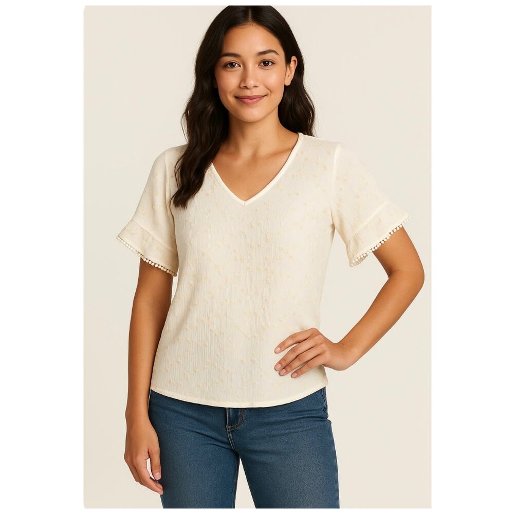Democracy Ivory Textured Floral Embroidered Flutter Sleeve Pom Trim Top Petite S